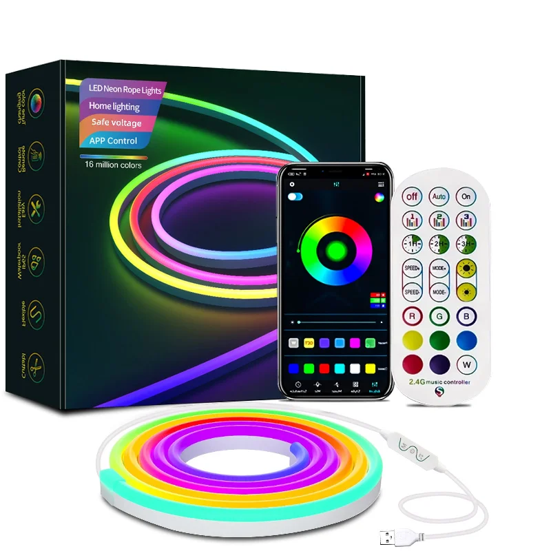 RGBIC 5V Bluetooth Music Dynamic Neon Light Strip - 2m, 3m, 5m DIY Shape Customization, Perfect for Gaming Room Decor