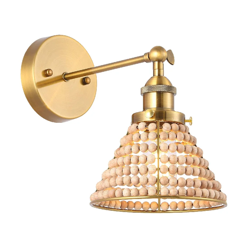 1-Light Modern Golden Wall Scone Light with Wooden Beads