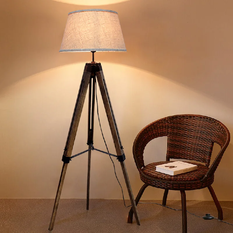 Depuley LED Tripod Floor Lamp Wood Mid Century Modern Reading Lamp,8W Rustic Standing Lamps Farmhouse for Living Room Bedroom Study Room Bedside and Office, Flaxen Lamp Shade, Adjustable Height