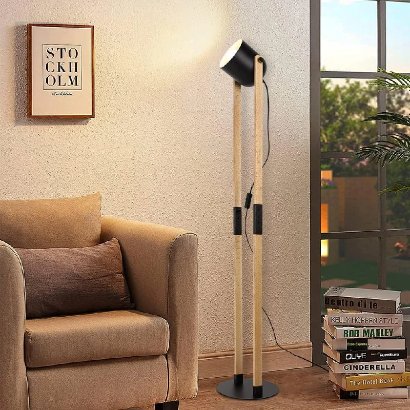 Depuley Modern Metal Wooden Floor Lamps for Living Room, 360° Heads Rotatable Standing Light with Pressure Switch, Reading Lamp for Bedroom Office Decoration, Bulb Included